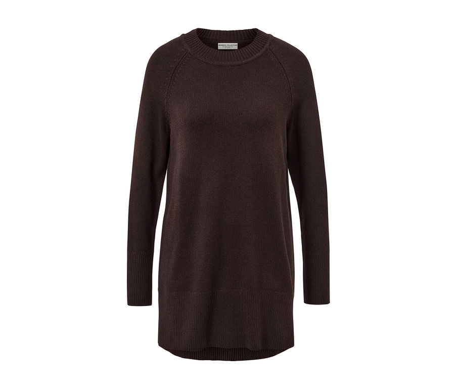 Dlouhý pletený svetr, tmavě hnědá.