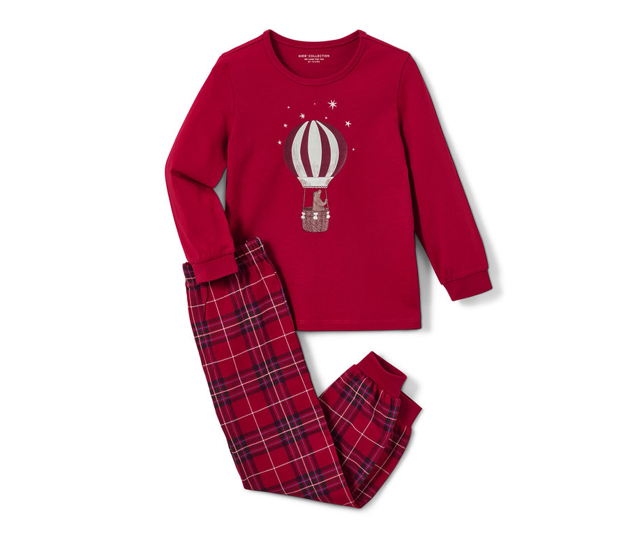Červené dětské pyžamo »Balón«, glow in the dark. Na pyžamu je obrázek horkovzdušného balónu.