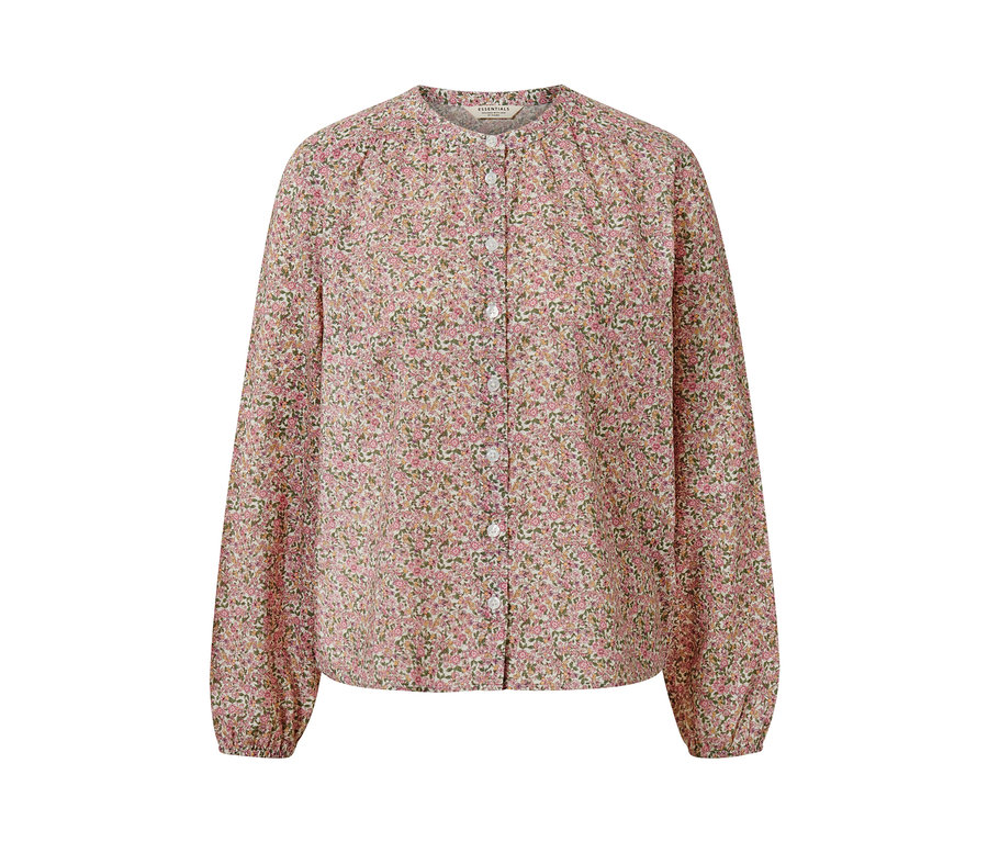 Květovaná halenka s dlouhými rukávy a knoflíky.