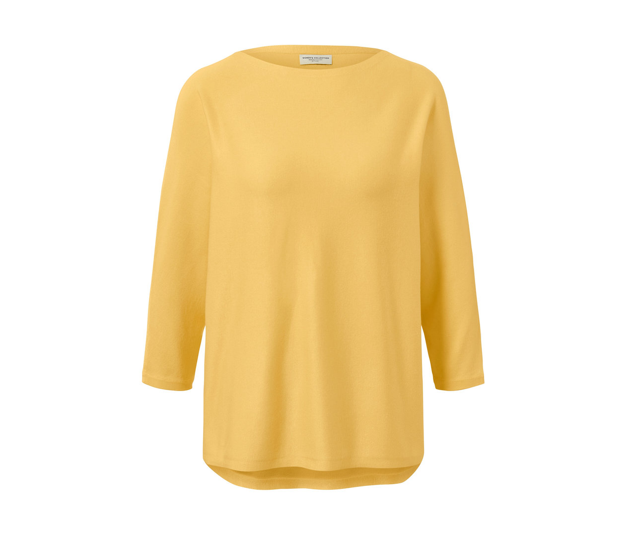 Žlutý svetr z jemného úpletu s dlouhými rukávy.