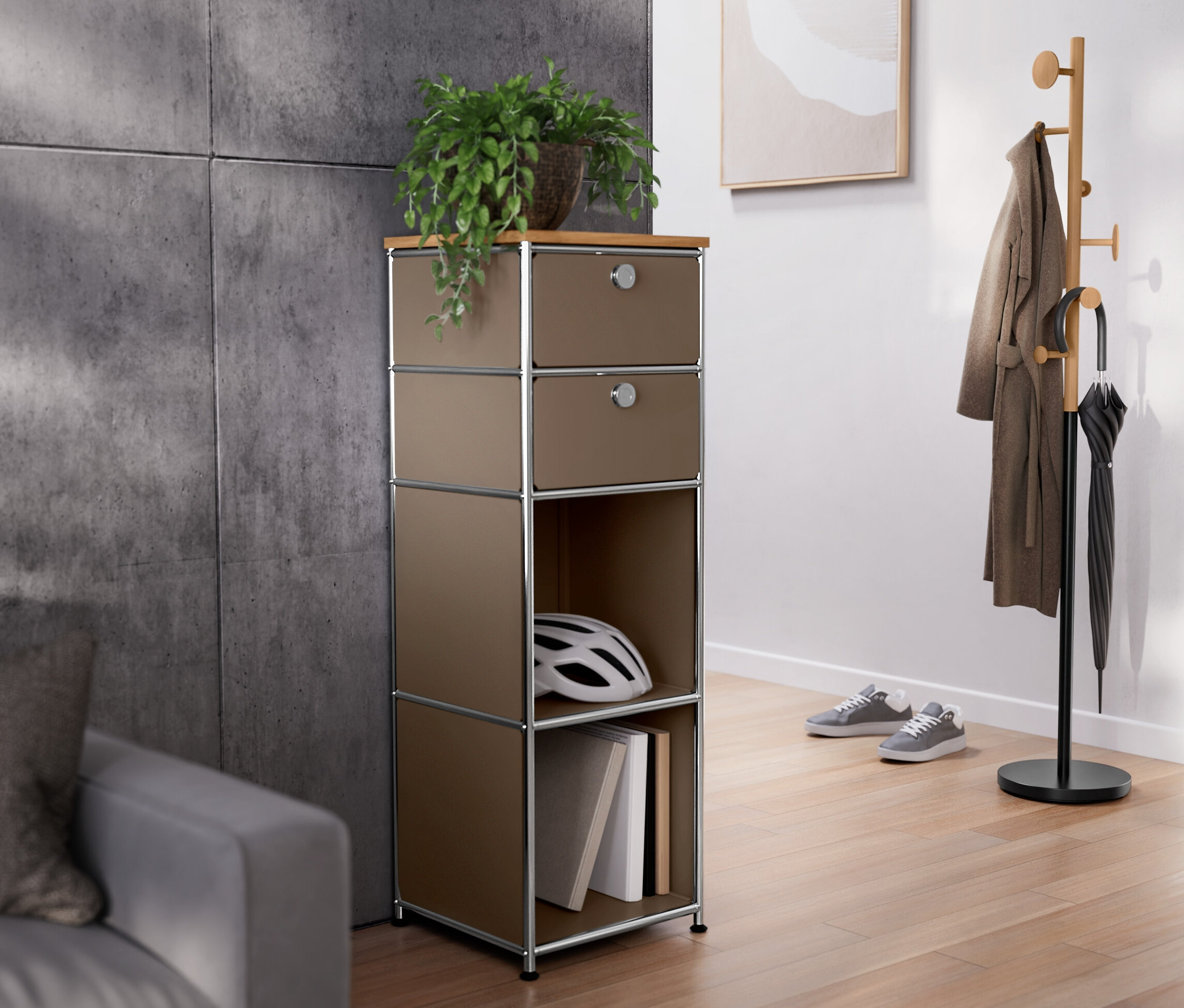 Hnědošedá úzká kovová komoda »CN3« s dřevěnou deskou a 2 zásuvkami, věšák na šaty a bílá úzká kovová komoda »CN3« s dřevěnou deskou a 2 zásuvkami.