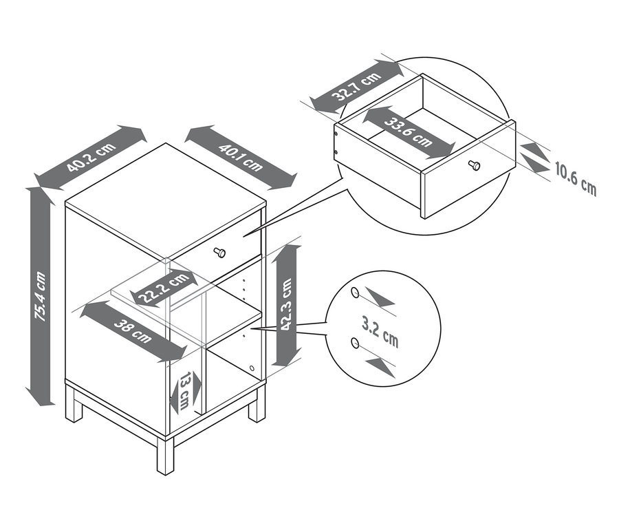 Nákres nočního stolku s uvedenými rozměry.