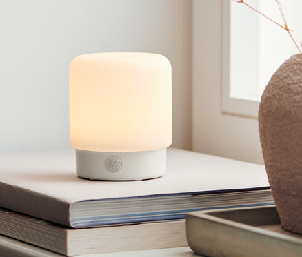 Multifunkční lampička s LED a pohybovým senzorem stojí na knihách vedle vázy s květinami.