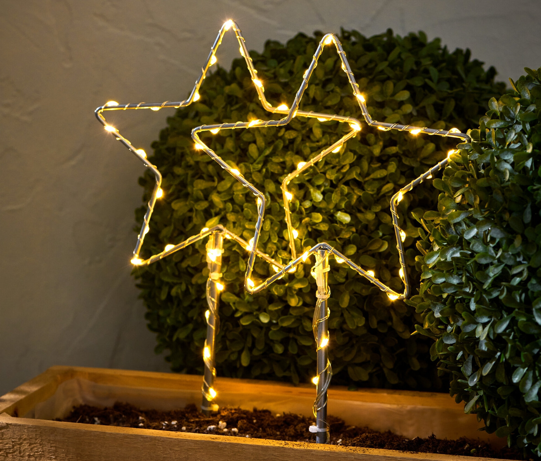 Dva malé LED bodce ve tvaru hvězdy zapíchnuté v zemi.