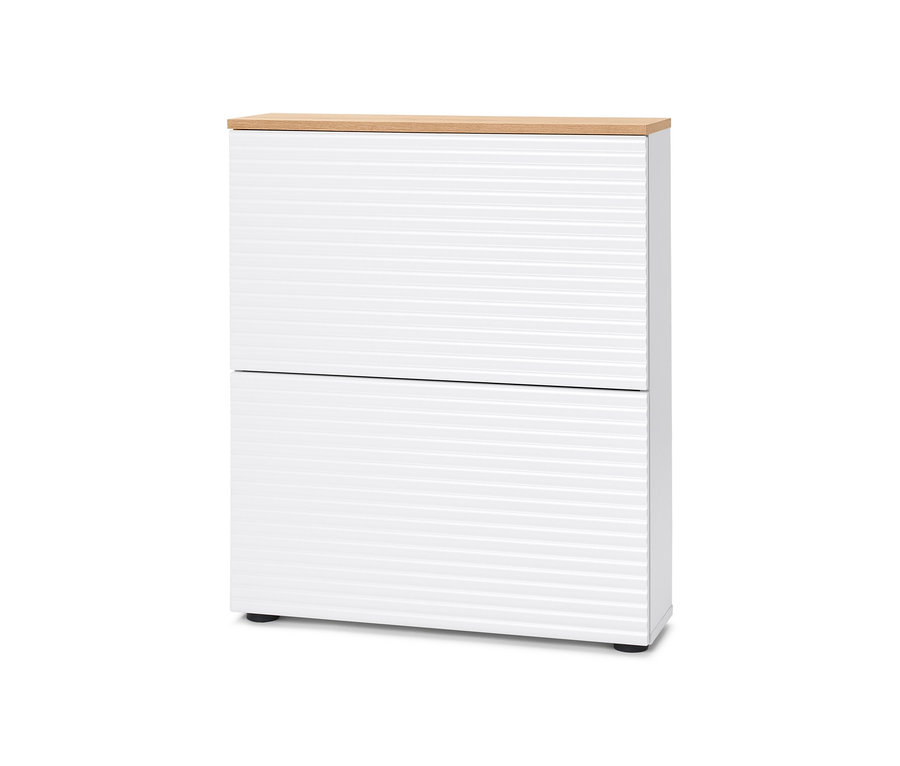 Bílý výklopný botník se dvěma přihrádkami.