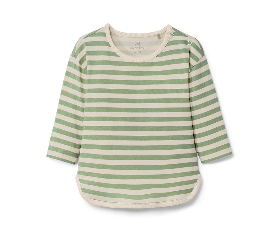 Zelenobílé pruhované dětské tričko s dlouhým rukávem.
