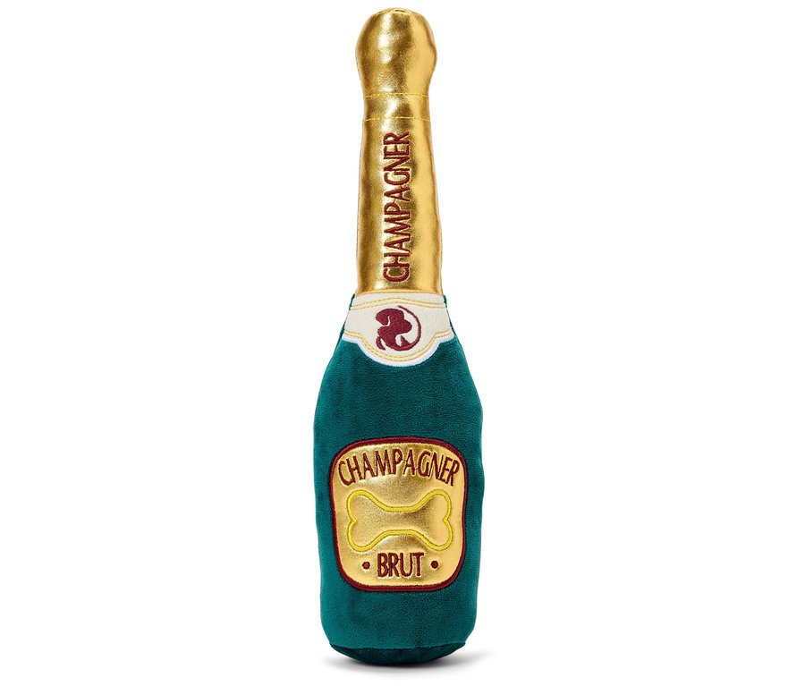 Plyšová hračka pro psy ve tvaru láhve šampaňského.
