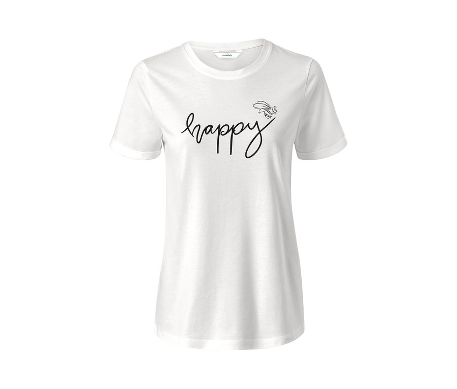 Bílé tričko s nápisem "happy" a obrázkem včely.