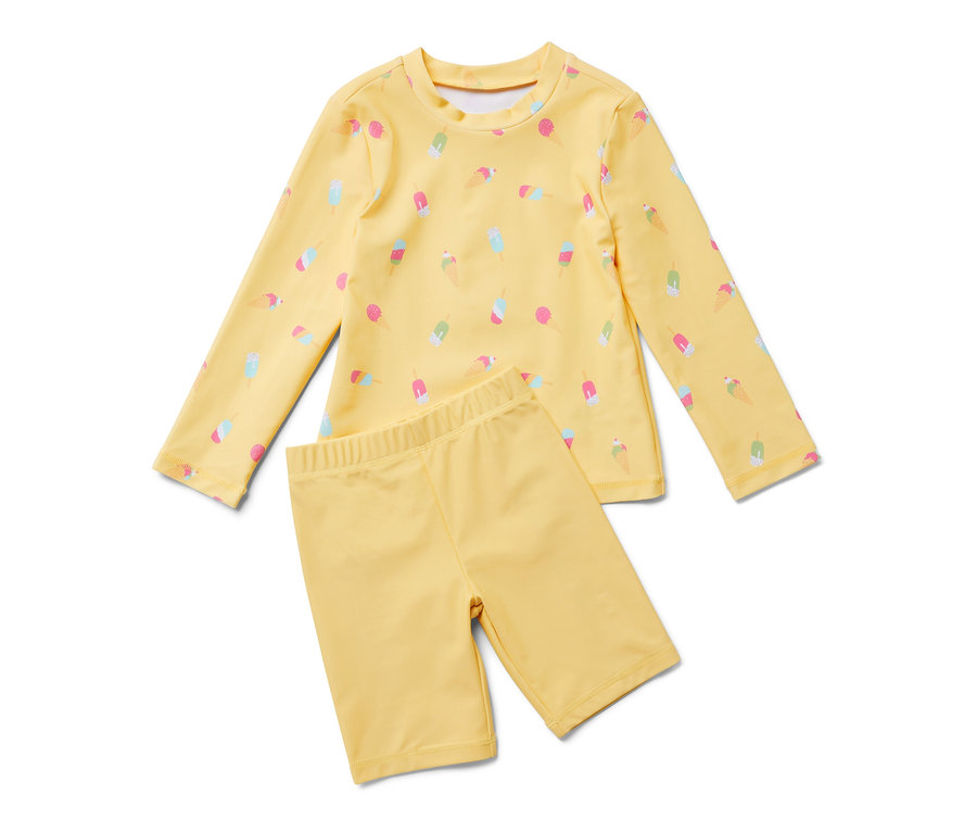 Žlutá dětská souprava s UV ochranným faktorem 80 s potiskem zmrzliny.