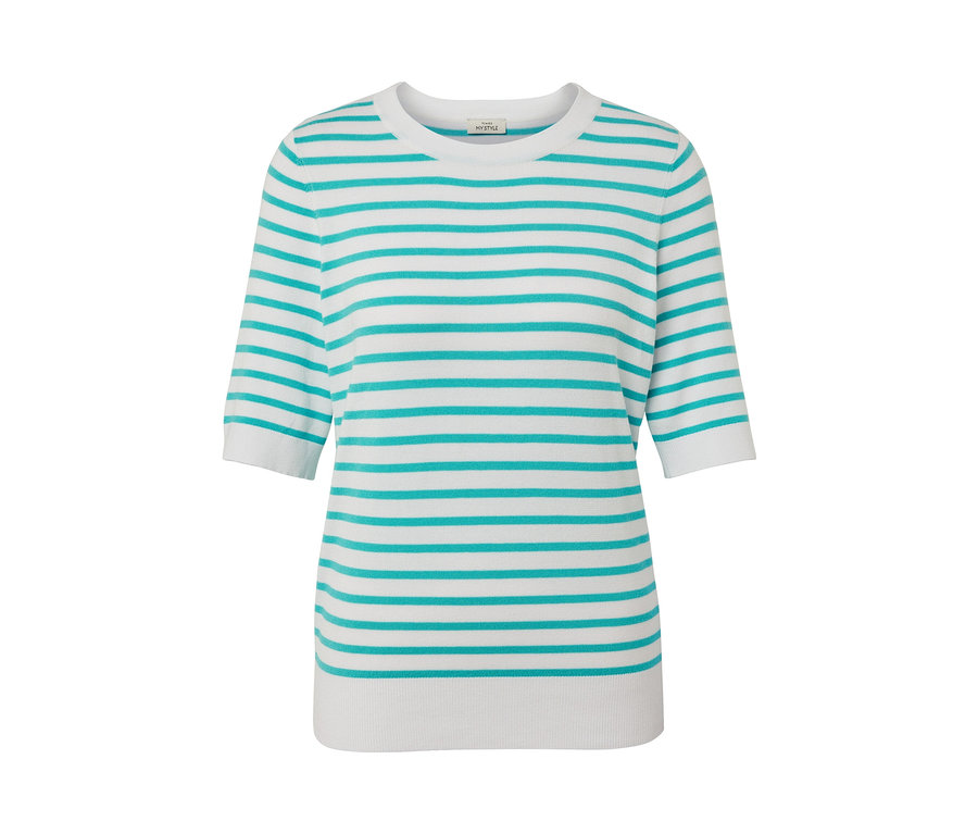 Modrozelený pruhovaný svetr z jemného úpletu.