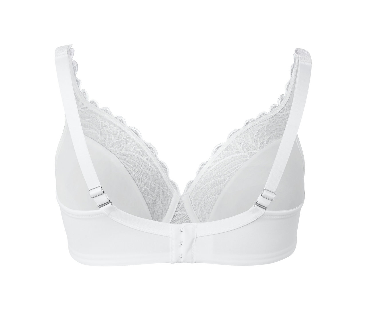 Detail bílé podprsenky s kosticemi, pohled zezadu.