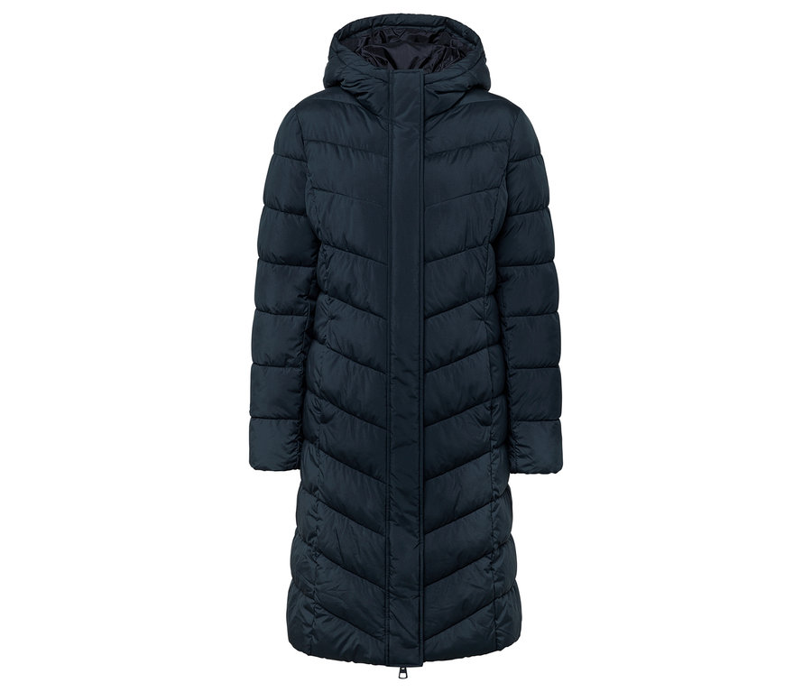 Tmavě modrá prošívaná bunda s kapucí.