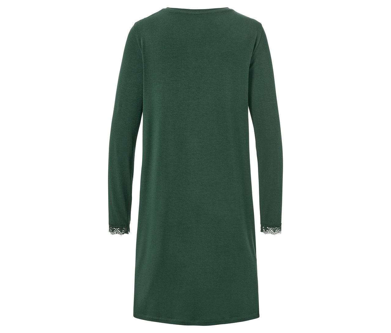 Pohled zezadu na zelené noční šaty s dlouhými rukávy a krajkou na manžetách.