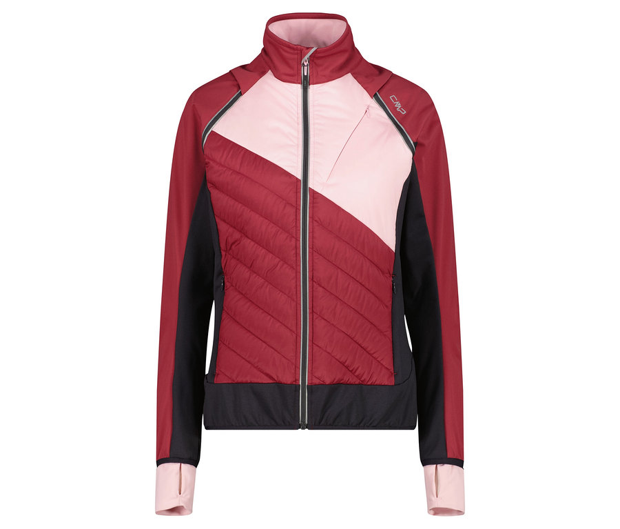 Vínově červená bunda s bloky barev s růžovým a černými panely.