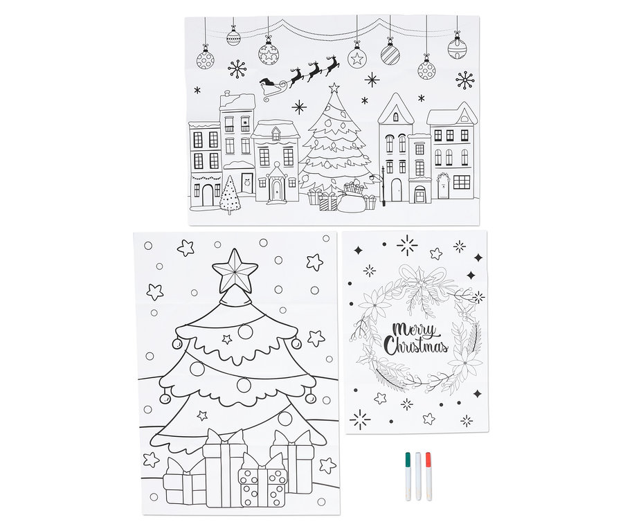 Obrázek obsahuje tři omalovánky s vánoční tématikou a tři fixy.