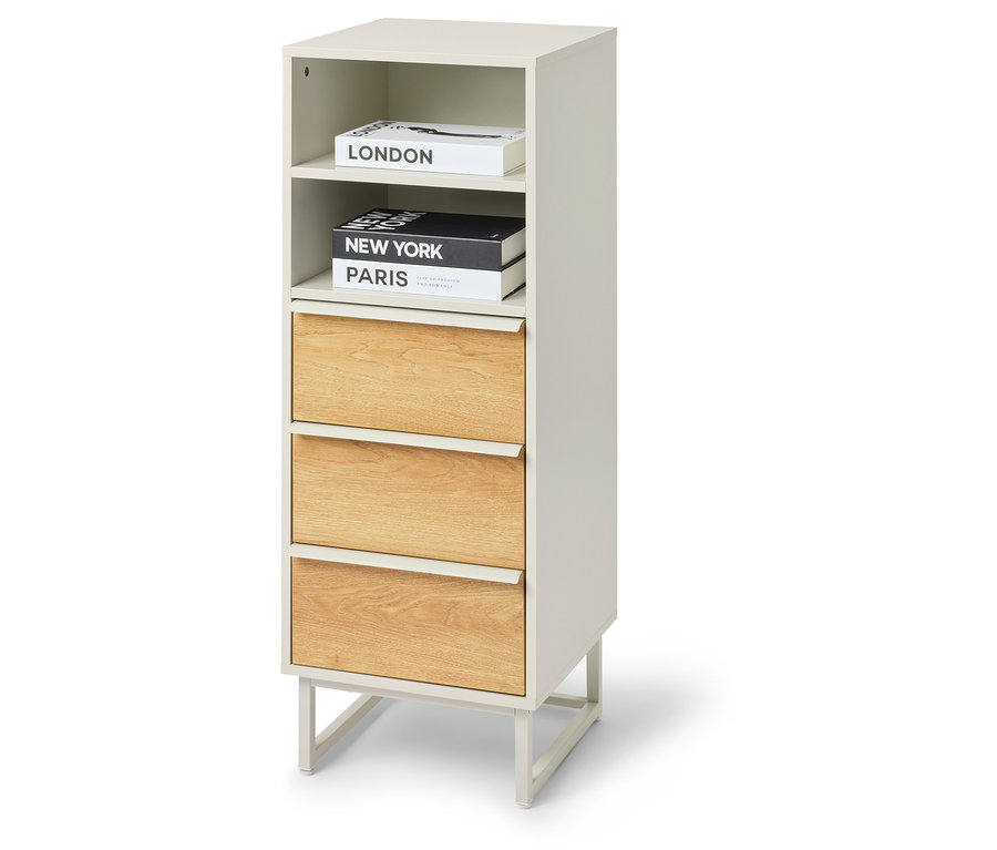 Zásuvkový regál »LEEG« se 3 zásuvkami na bílém pozadí.