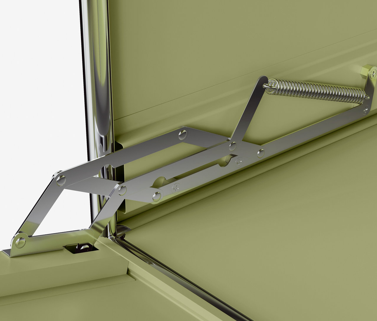 Detail vnitřku otevřené kovové skříně s mechanismem pružinového pantu.