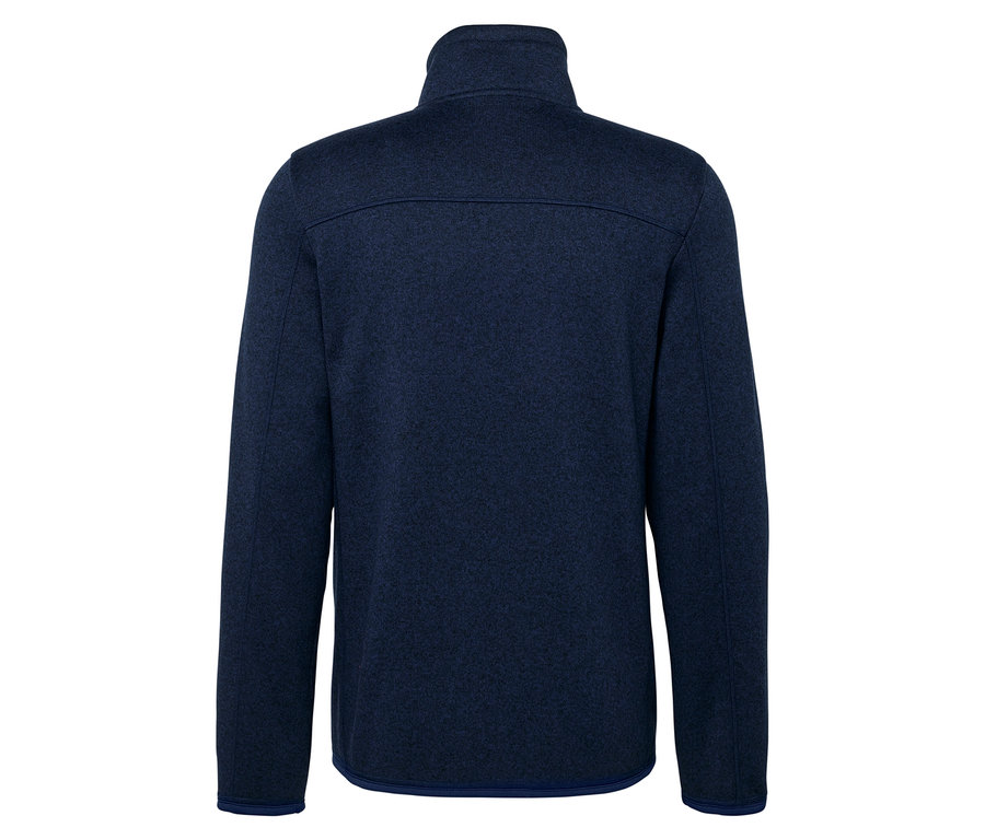 Tmavě modrá mikina s krátkým zipem a dlouhými rukávy, pohled zezadu.