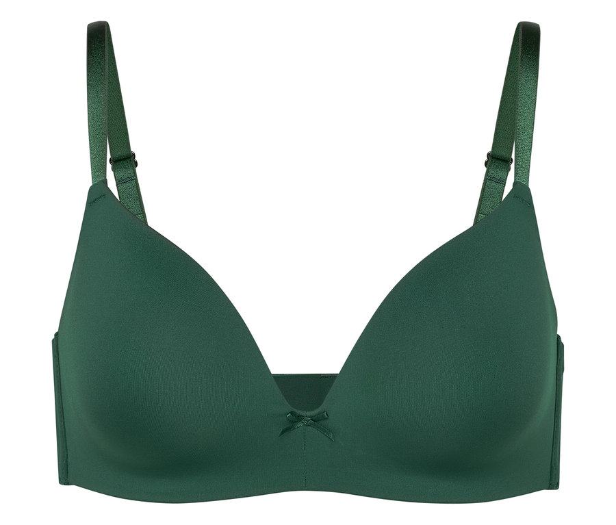 Zelená podprsenka s kosticemi a mašličkou uprostřed.