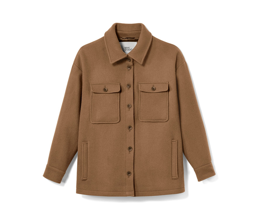 Hnědá bunda NAH/STUDIO z recyklované vlny, barva velbloudí srsti.