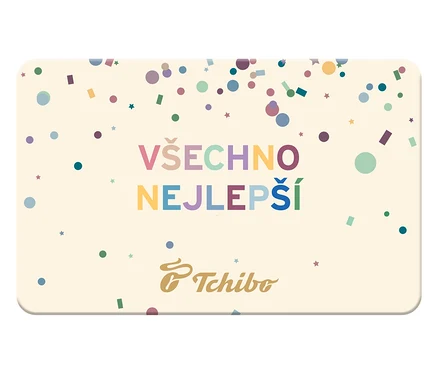 Dárková karta Tchibo s nápisem Všechno nejlepší a konfetami.