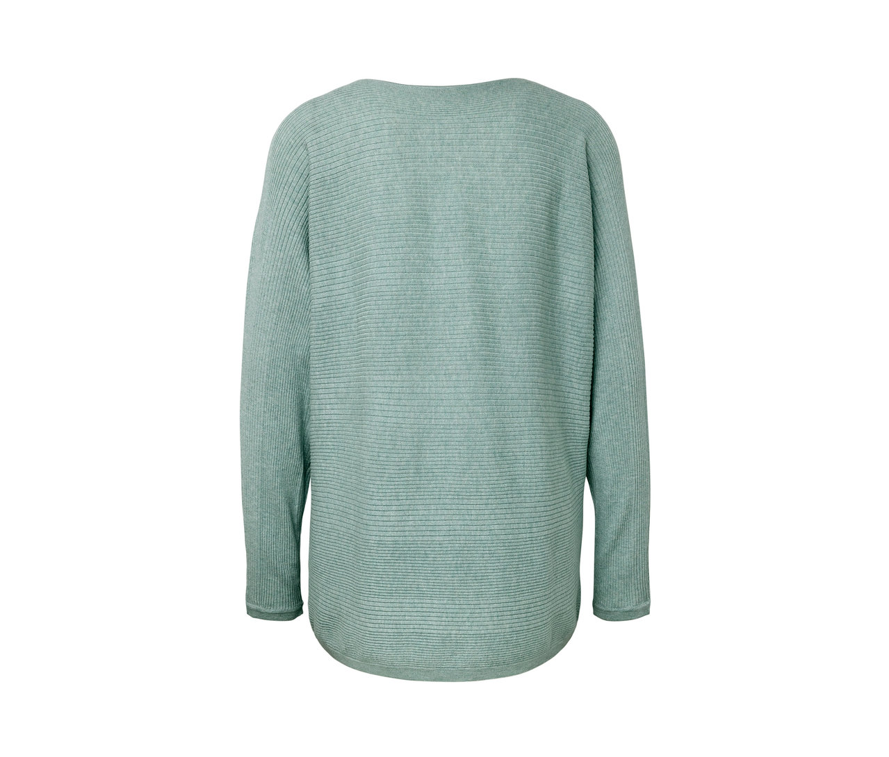 Detail zadní strany svetru z jemného úpletu šalvějové barvy.