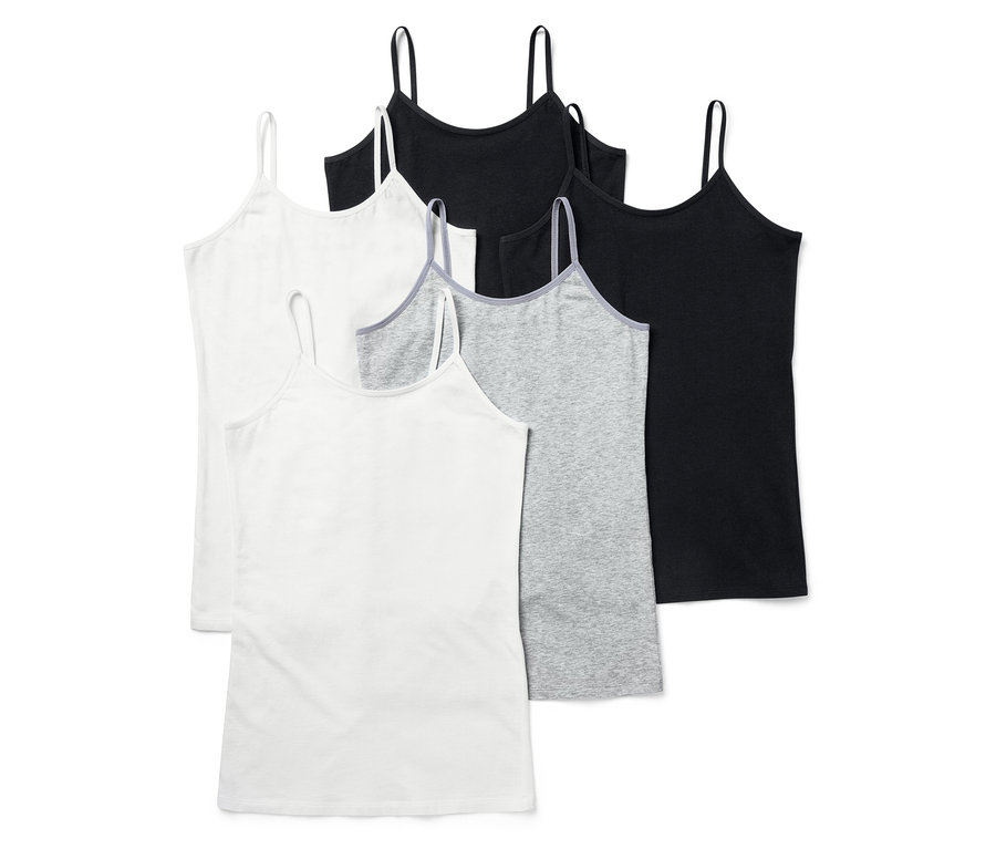 Pět tílek v bílé, šedé a černé barvě. Tílka mají tenká ramínka.