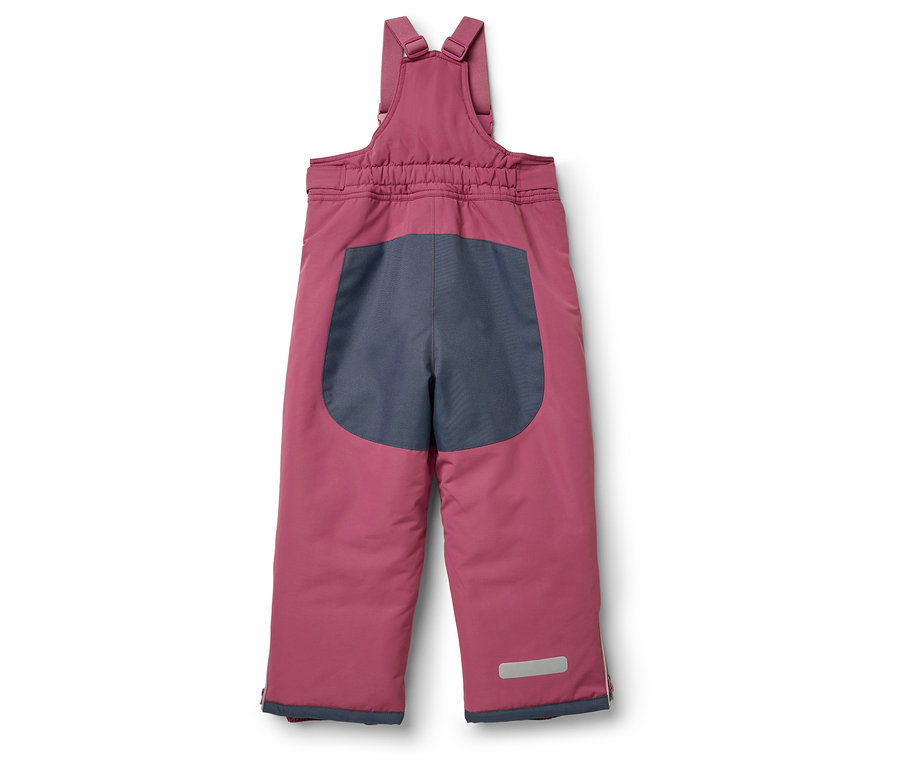 Růžové lyžařské kalhoty s laclem a šedou zadní částí.