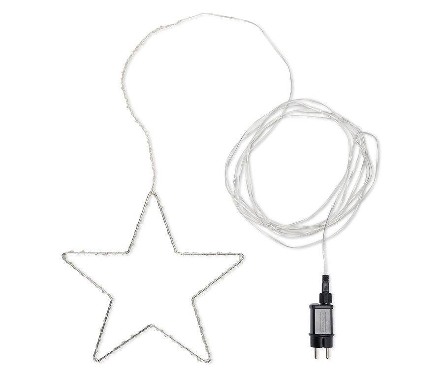 Osvětlená hvězda s napájecím kabelem a adaptérem.