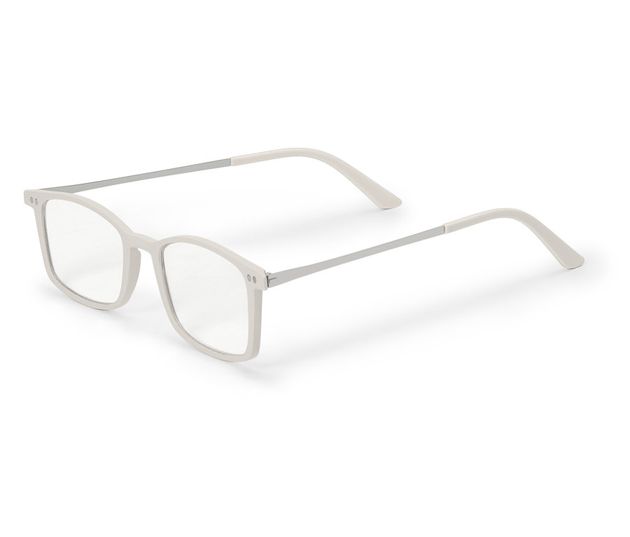 Bílé brýle s obdélníkovými skly na bílém pozadí.