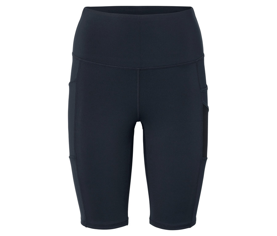 Černé legíny ke kolenům s vysokým pasem a kapsami na stehnech.