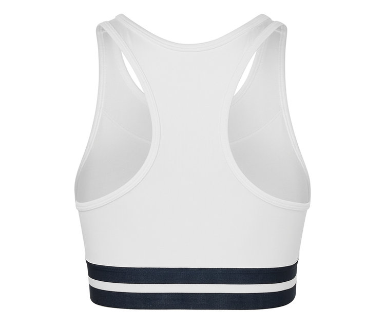 Detail bílé sportovní podprsenky »Crop Top« zezadu.
