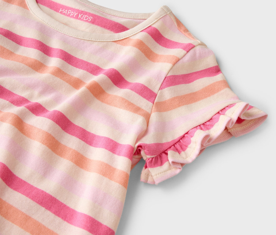 Detailní pohled na proužkované tričko Happy Kids v růžové, oranžové a béžové barvě s volánkovými rukávy na bílém pozadí.