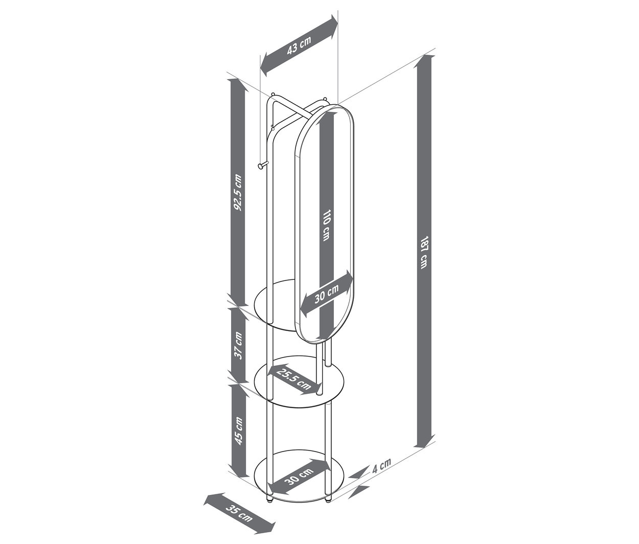 Pohled shora na otevřenou šatní skříň s velkým zrcadlem a rozměry.