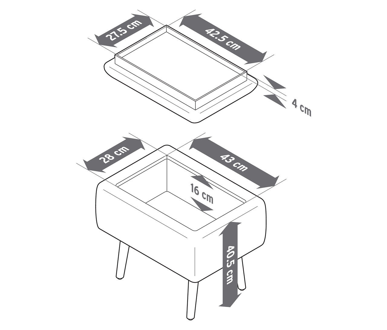 Pohled shora a zboku na taburet s úložným prostorem s rozměry.
