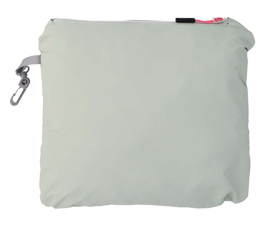 Světle zelená, obdélníková přenosná taška se stříbrným zipem a karabinou.