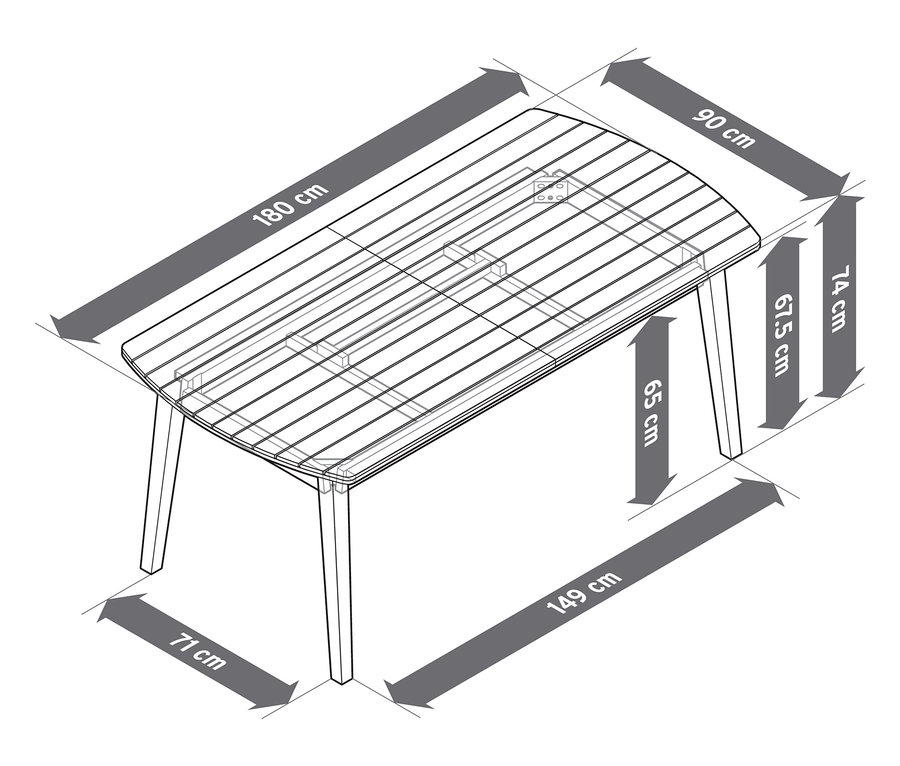 Pohled shora na rozkládací zahradní stůl se zaoblenými čely, cca 180–240 cm, s rozměry.