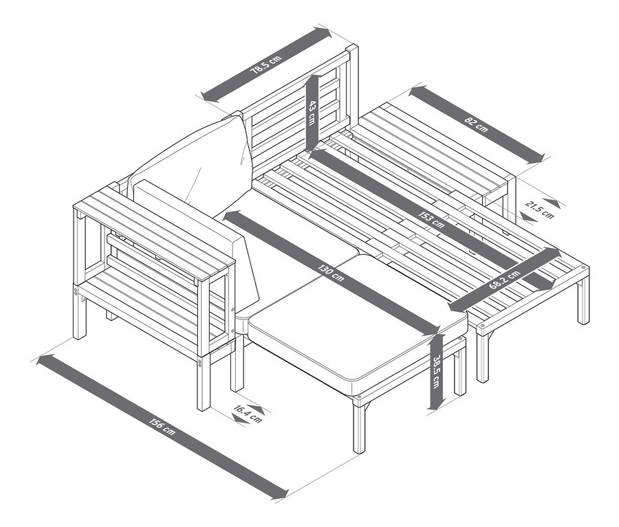Obrázek zahradní pohovky se samostatně výsuvnými podnožkami a rozměry.
