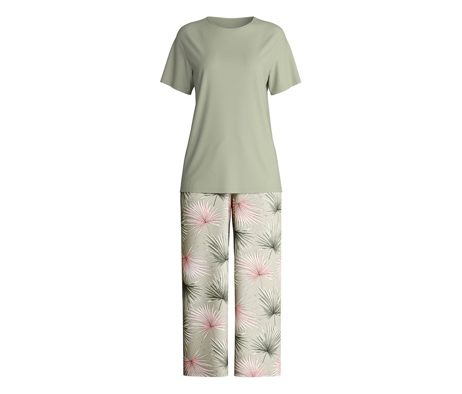 7/8 pyžamová souprava Calida »Leaf Dreams« se skládá z olivového trička a dlouhých kalhot s palmovým vzorem.