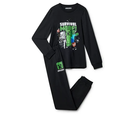 Černé pyžamo Minecraft s nápisem „Režim přežití!“ a grafikou Creeper, Zombie a Skeleton.