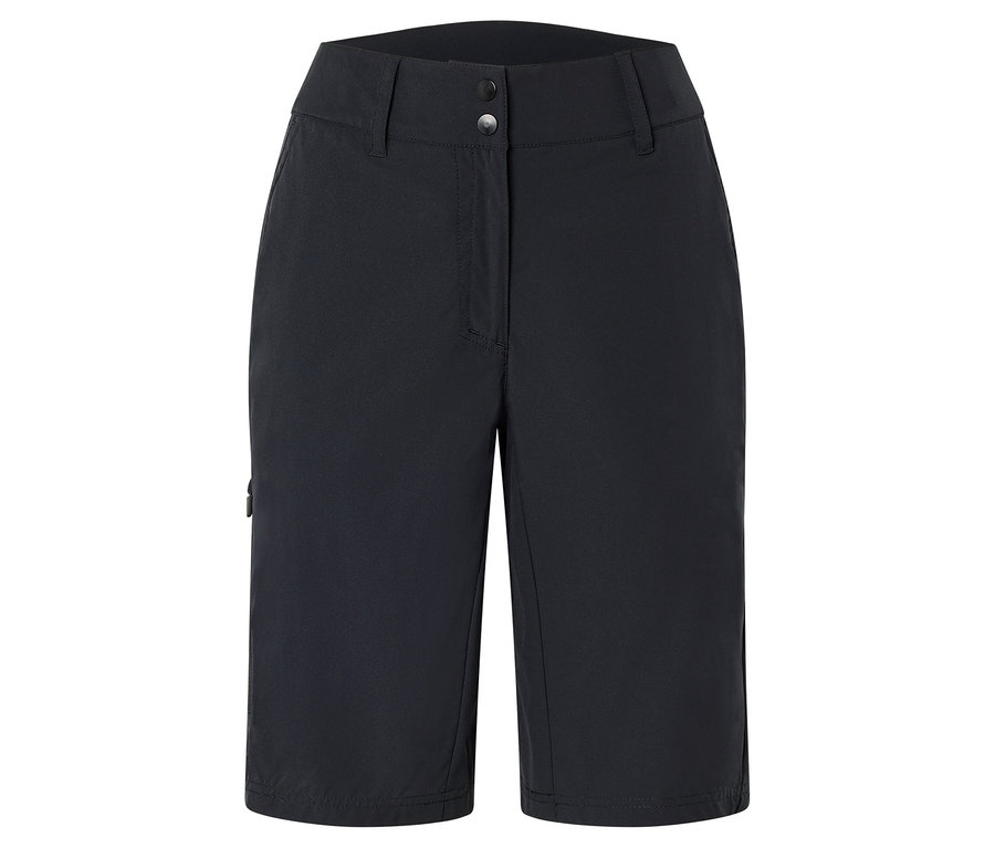 Tmavě modré šortky ke kolenům se dvěma knoflíky v pase.