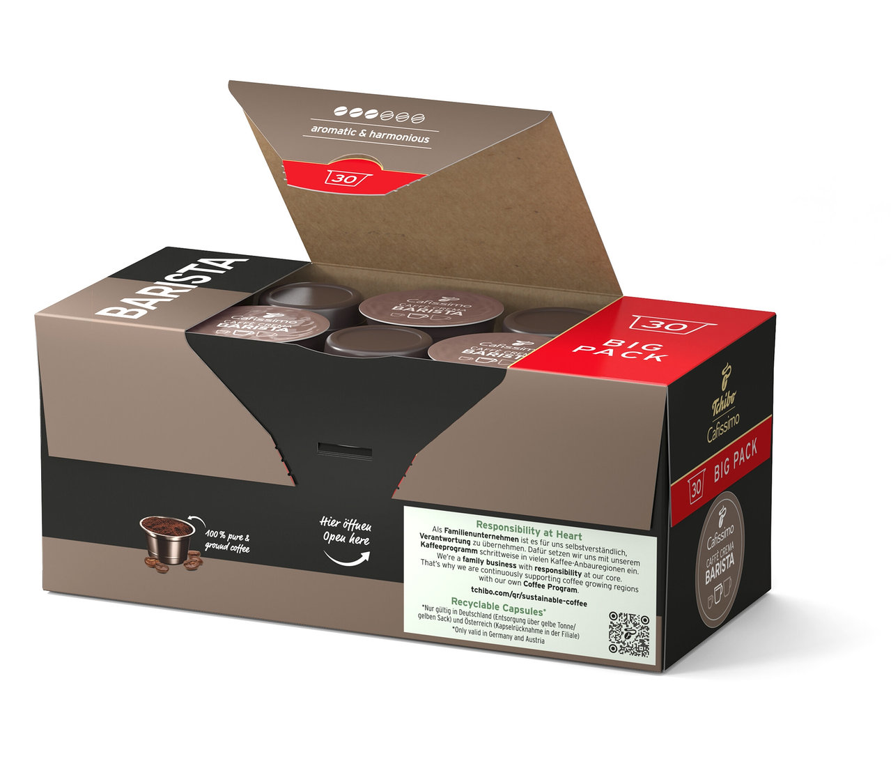 Otevřené hnědé balení kávových kapslí Tchibo Cafissimo Barista Big Pack s 30 kapslemi.
