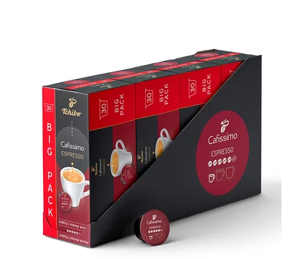 Černo-červený stojan se 120 kapslemi Tchibo Cafissimo Espresso silné, s jednou červenou kapslí vpředu.