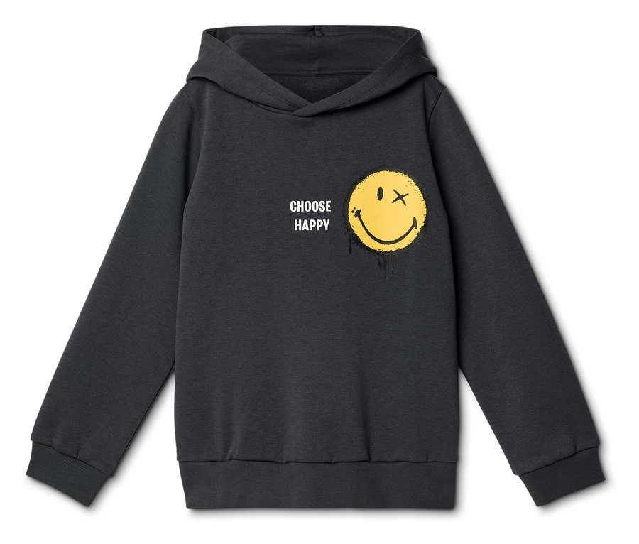Tmavě šedá mikina s kapucí se žlutým smajlíkem, který má místo pravého oka X a žluté kapky barvy, vedle něj text „CHOOSE HAPPY“.