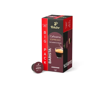 Balení Cafissimo BARISTA Espresso - 30 kapslí stojí vedle jedné kapsle.