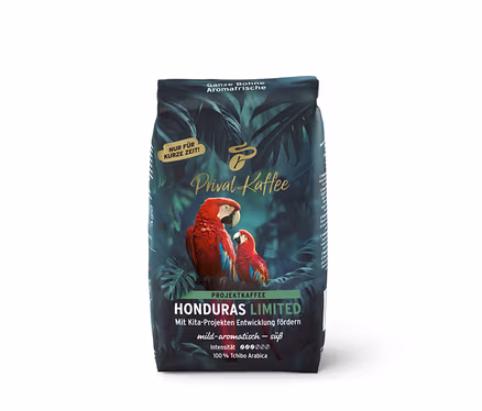 Tmavě zelené balení kávy Privat Kaffee Limited Edition Honduras s tropickým designem a dvěma červenými ary.