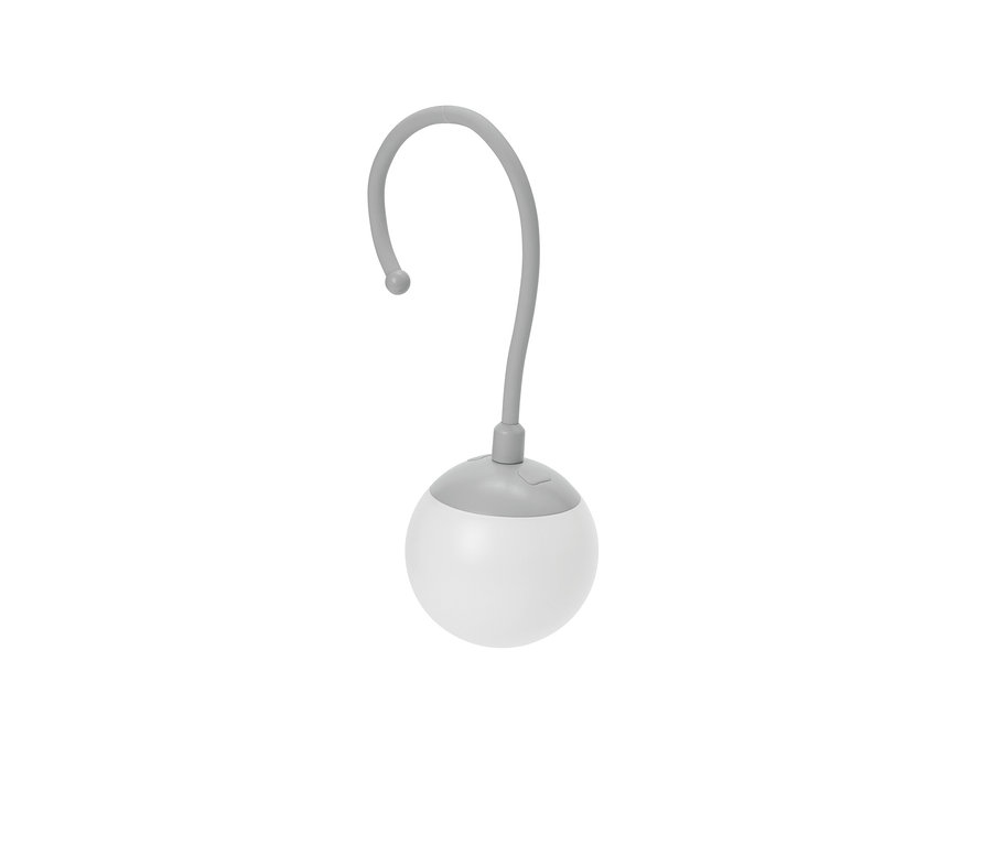 Šedá lampa s kulatým bílým stínidlem.