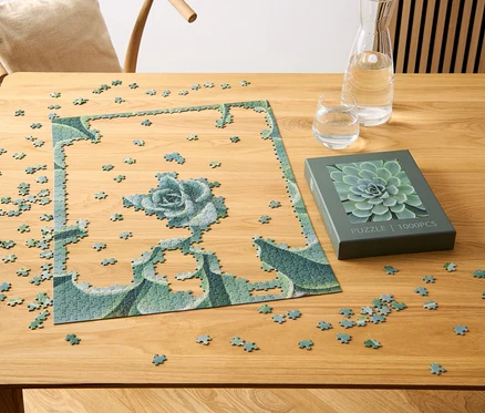 Částečně složené puzzle »Sukulenty« leží na dřevěném stole vedle krabice s motivem sukulentu, sklenice a karafy s vodou.