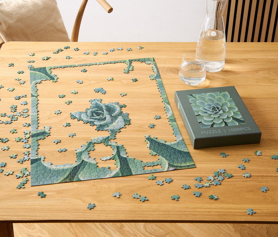Částečně složené puzzle »Sukulenty« leží na dřevěném stole vedle krabice s motivem sukulentu, sklenice a karafy s vodou.
