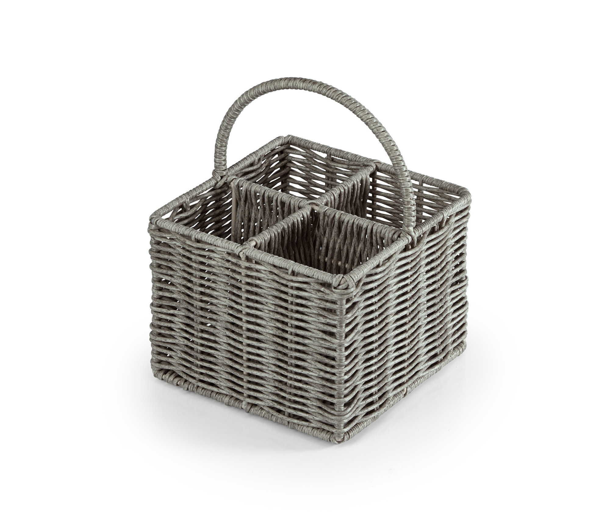 Šedý košík na příbory se čtyřmi přihrádkami a držadlem.